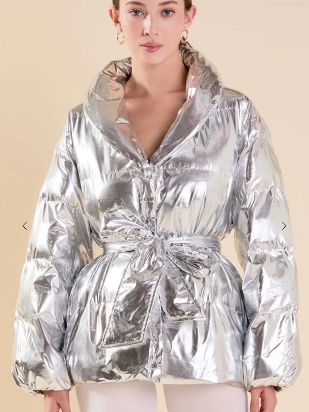 Endless Rose Anthropologie brand Metallic Silver Puffer Jacket with Tie Waist